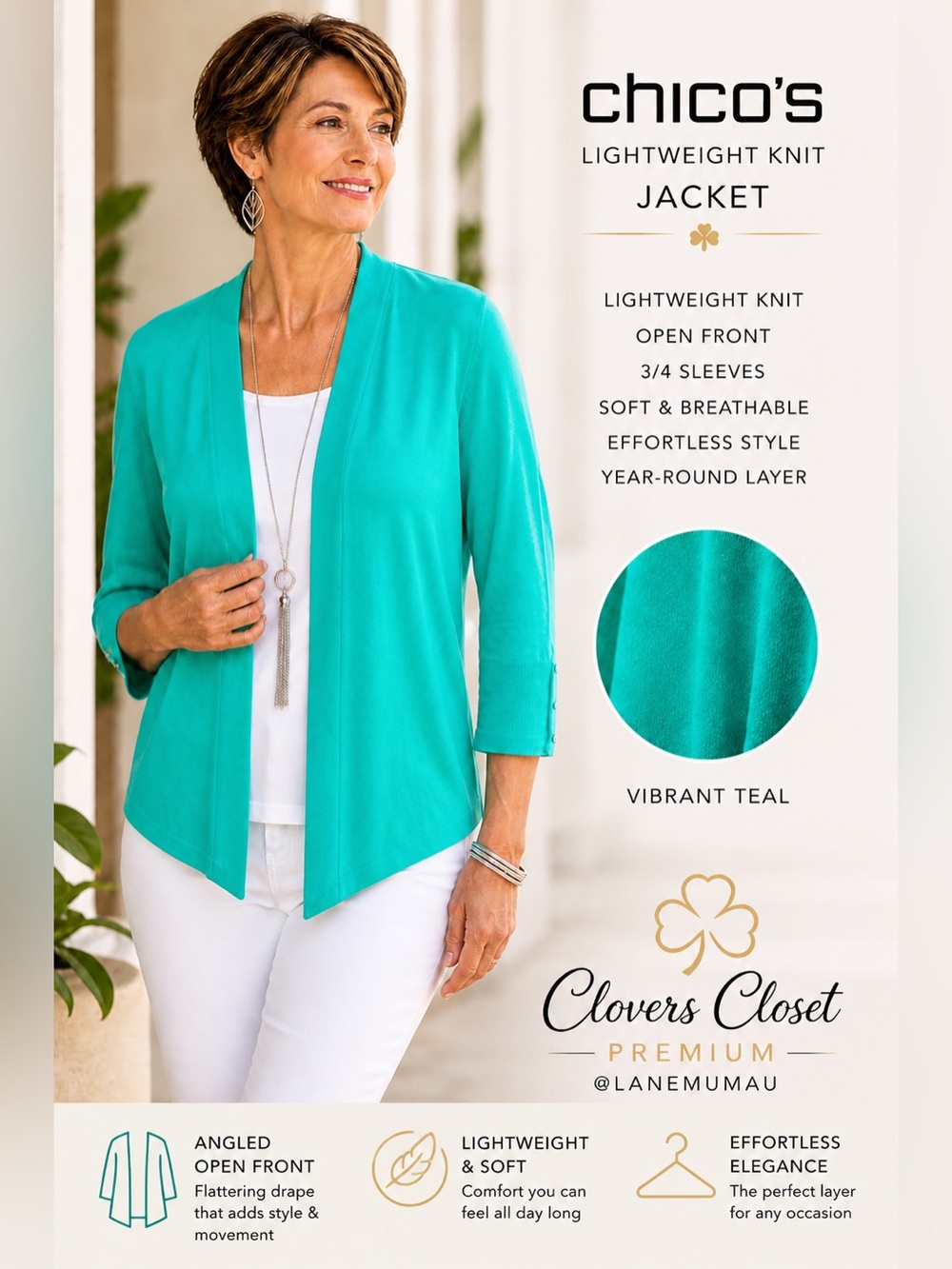 Chico’s Teal Lightweight Open Front Cardigan Angled Hem 3/4 Sleeve
